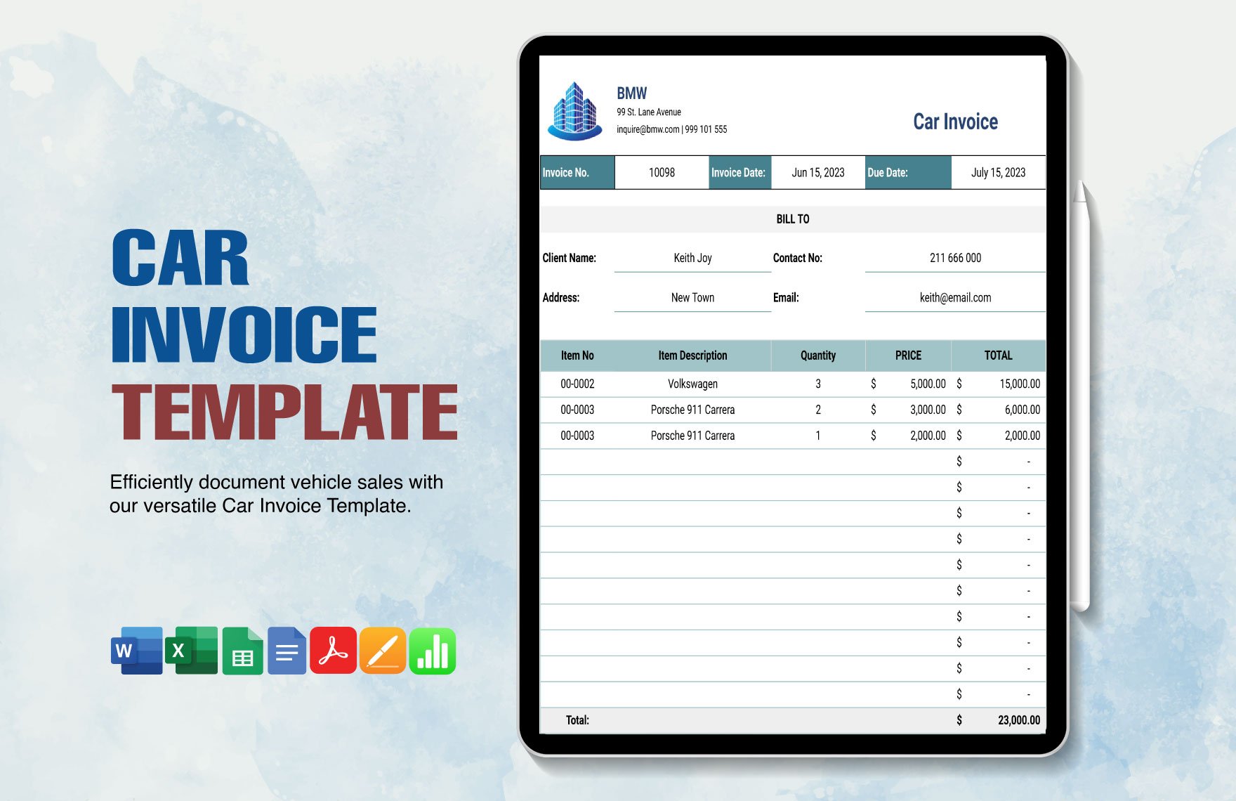 Car Invoice Template in Word, Google Docs, Excel, PDF, Google Sheets, Apple Pages, Apple Numbers