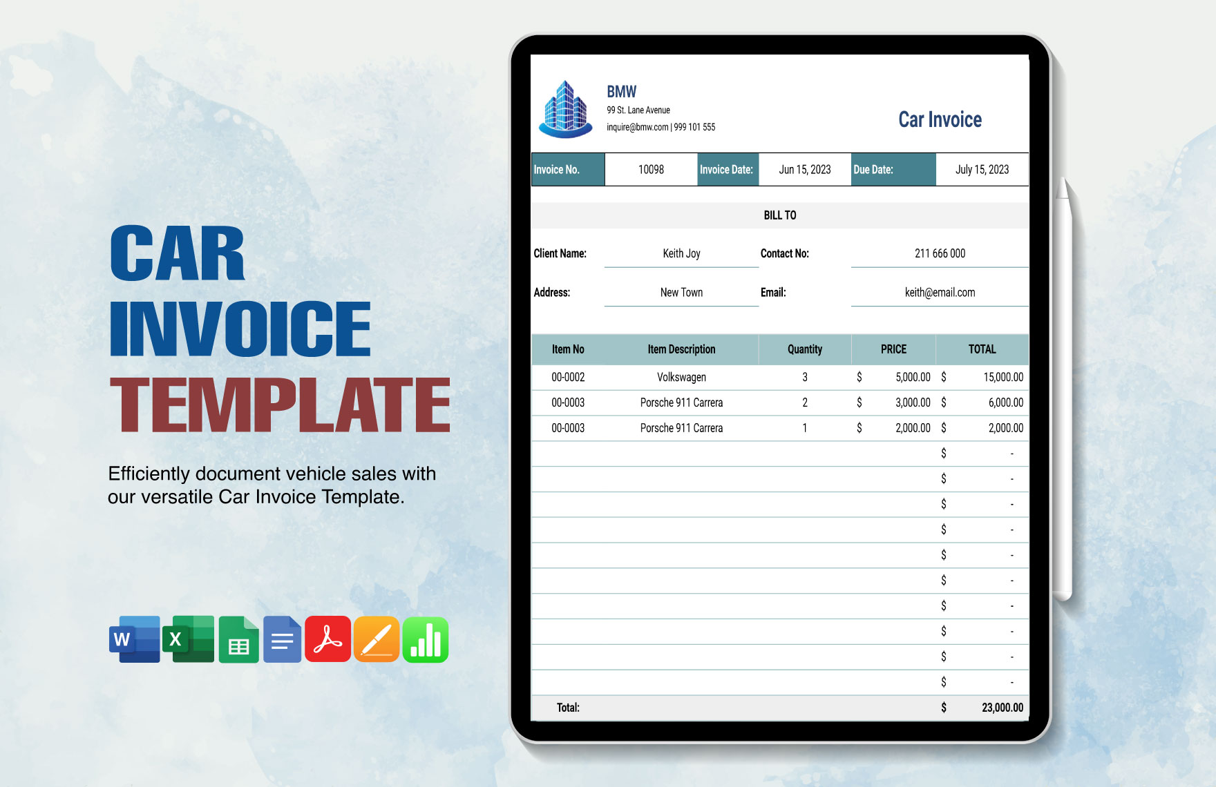 Car Invoice Template in Google Docs, Word, Apple Numbers, Apple Pages, PDF, Excel, Google Sheets - Download | Template.net