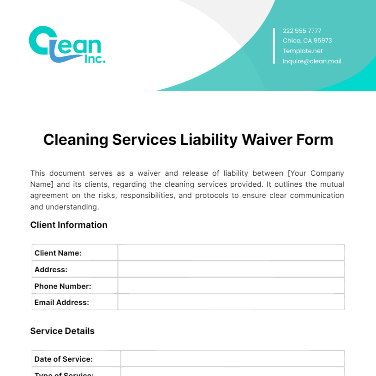 Cleaning Services Liability Waiver Form Template