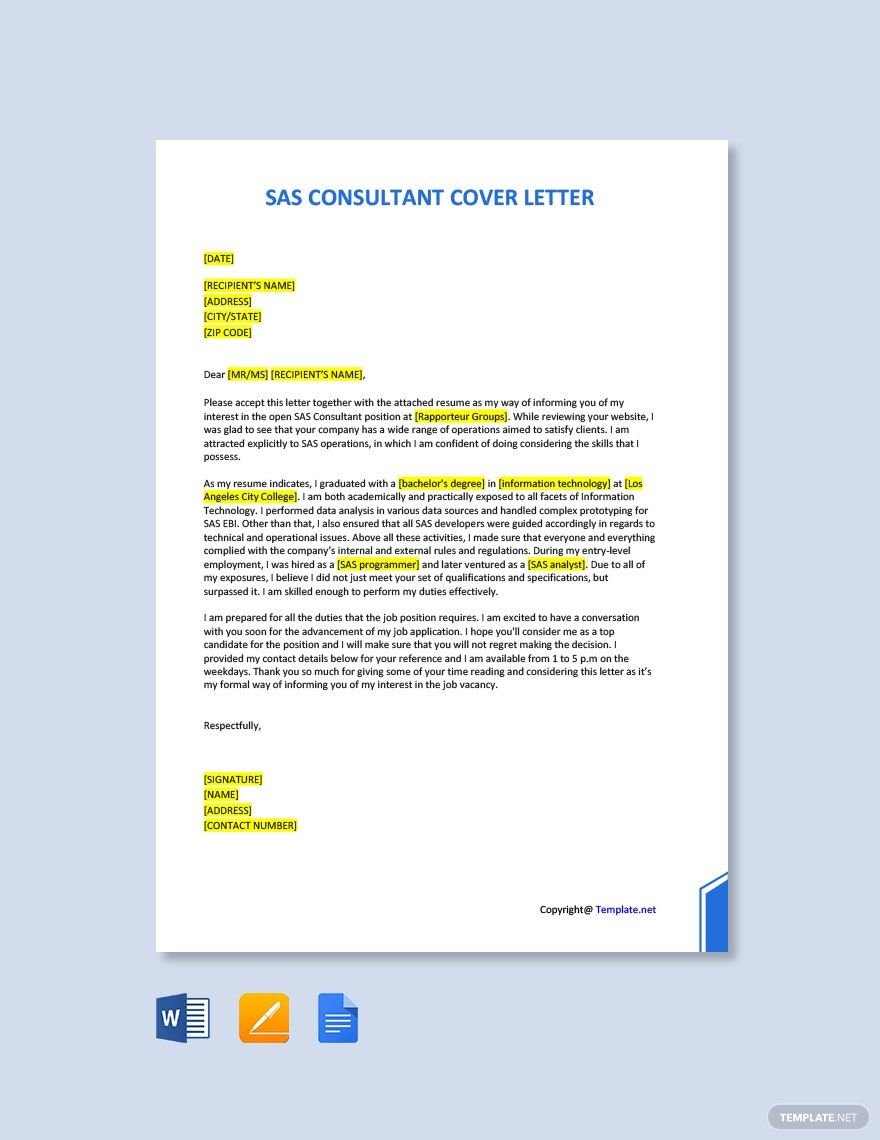 SAS Consultant Cover Letter in Word, Google Docs, PDF, Apple Pages