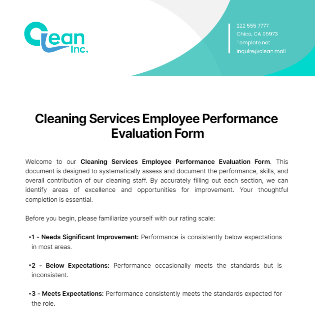 Free Cleaning Services Employee Performance Evaluation Form Template