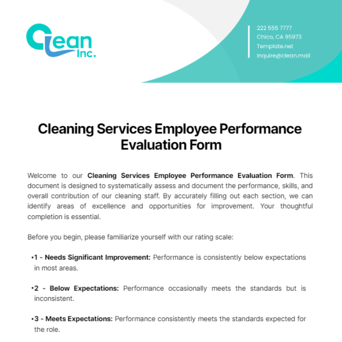 Cleaning Services Employee Performance Evaluation Form Template - Edit Online & Download