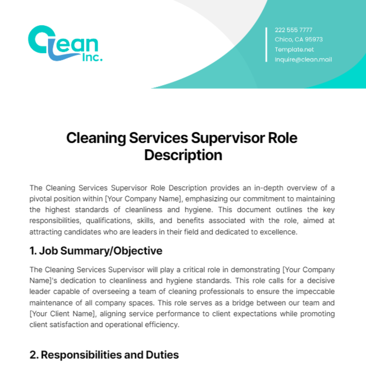 Cleaning Services Supervisor Role Description Template