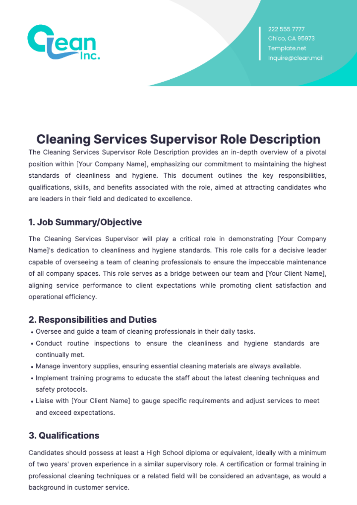 Cleaning Services Supervisor Role Description Template - Edit Online & Download