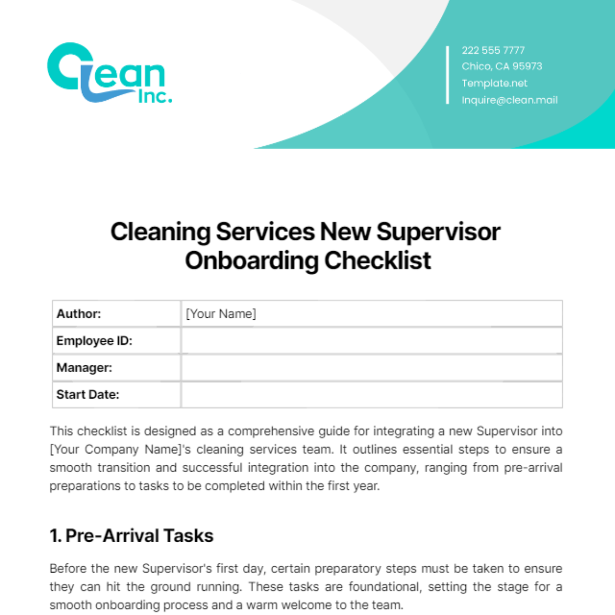 Cleaning Services New Supervisor Onboarding Checklist Template