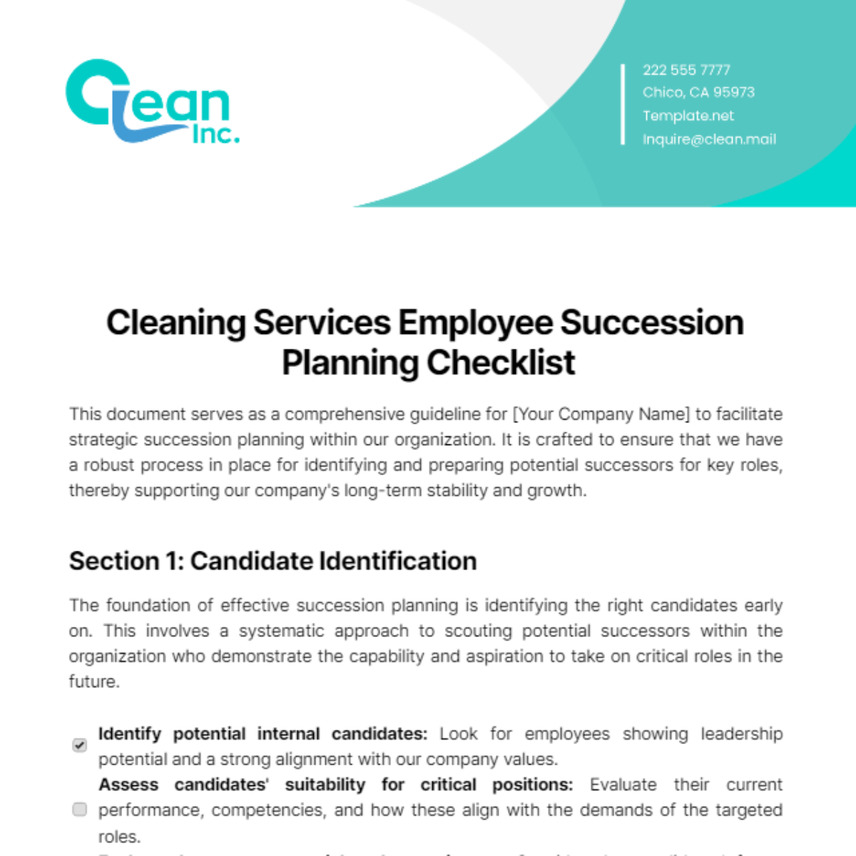 Cleaning Services Employee Succession Planning Checklist Template