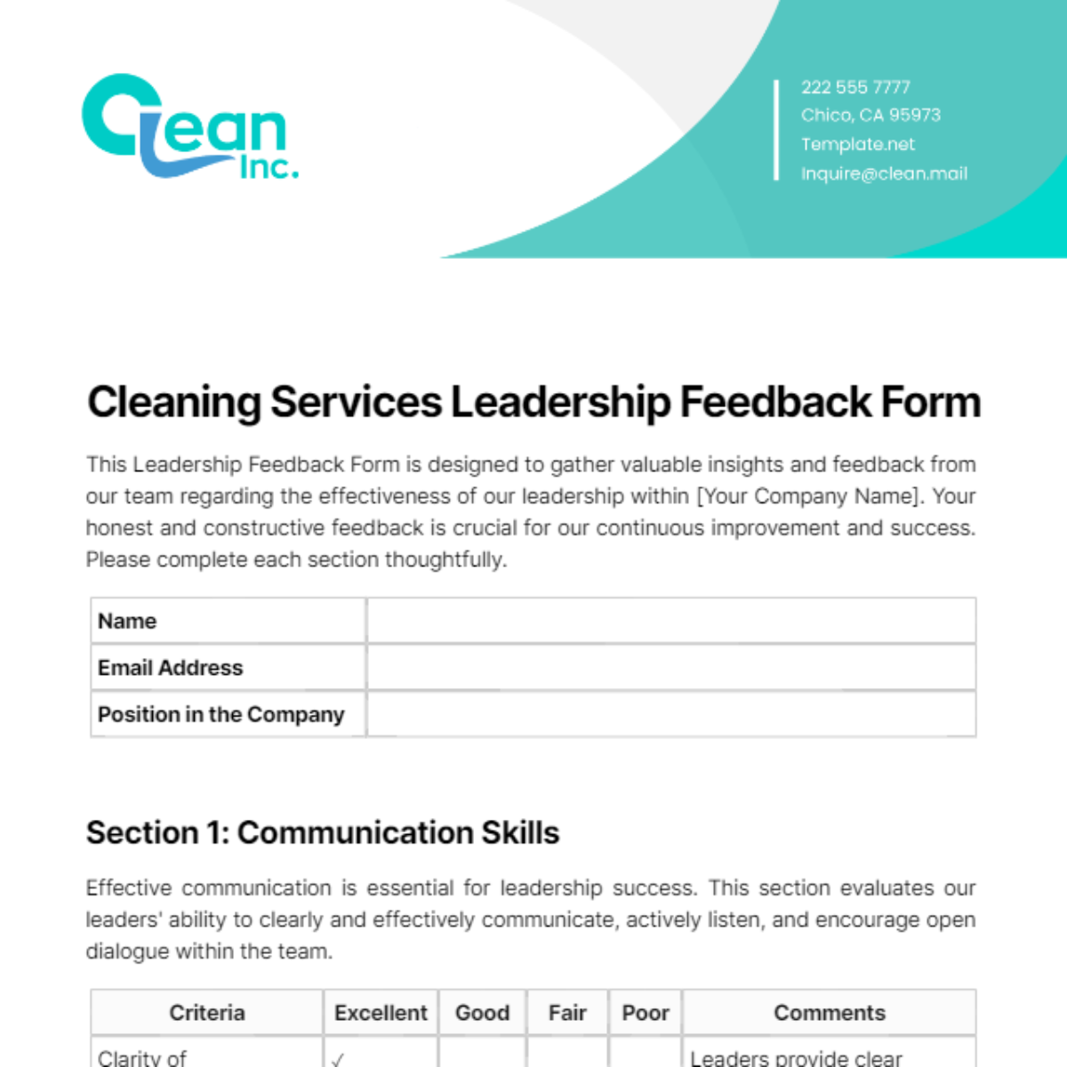 Cleaning Services Leadership Feedback Form Template