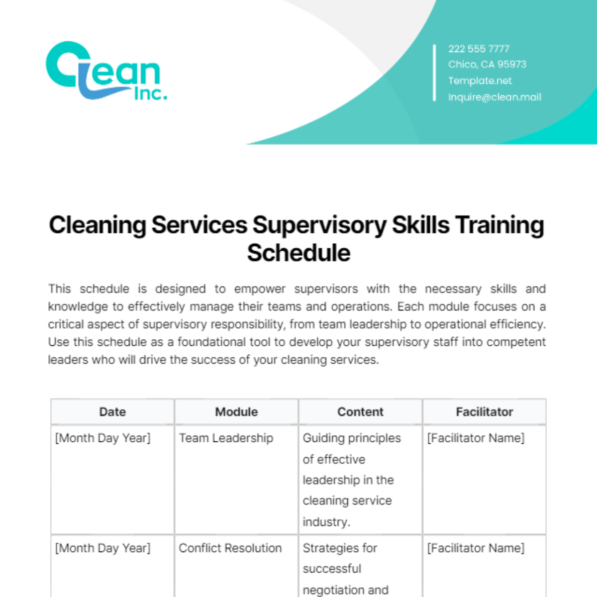 Free Cleaning Services Supervisory Skills Training Schedule Template