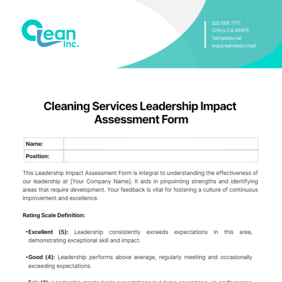 Cleaning Services Leadership Impact Assessment Form Template