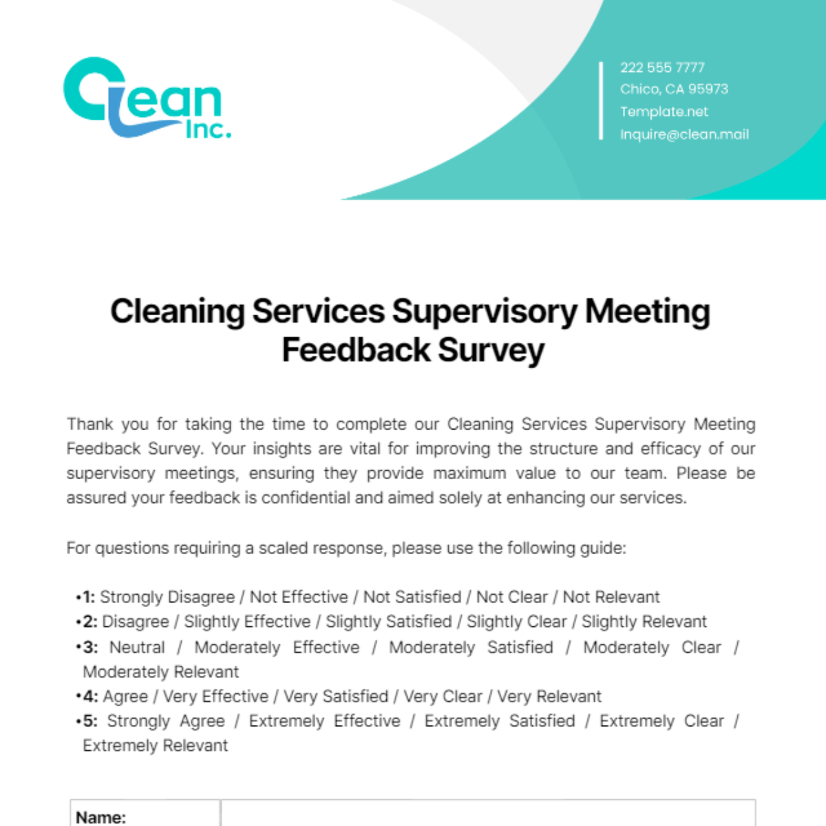Free Cleaning Services Supervisory Meeting Feedback Survey Template
