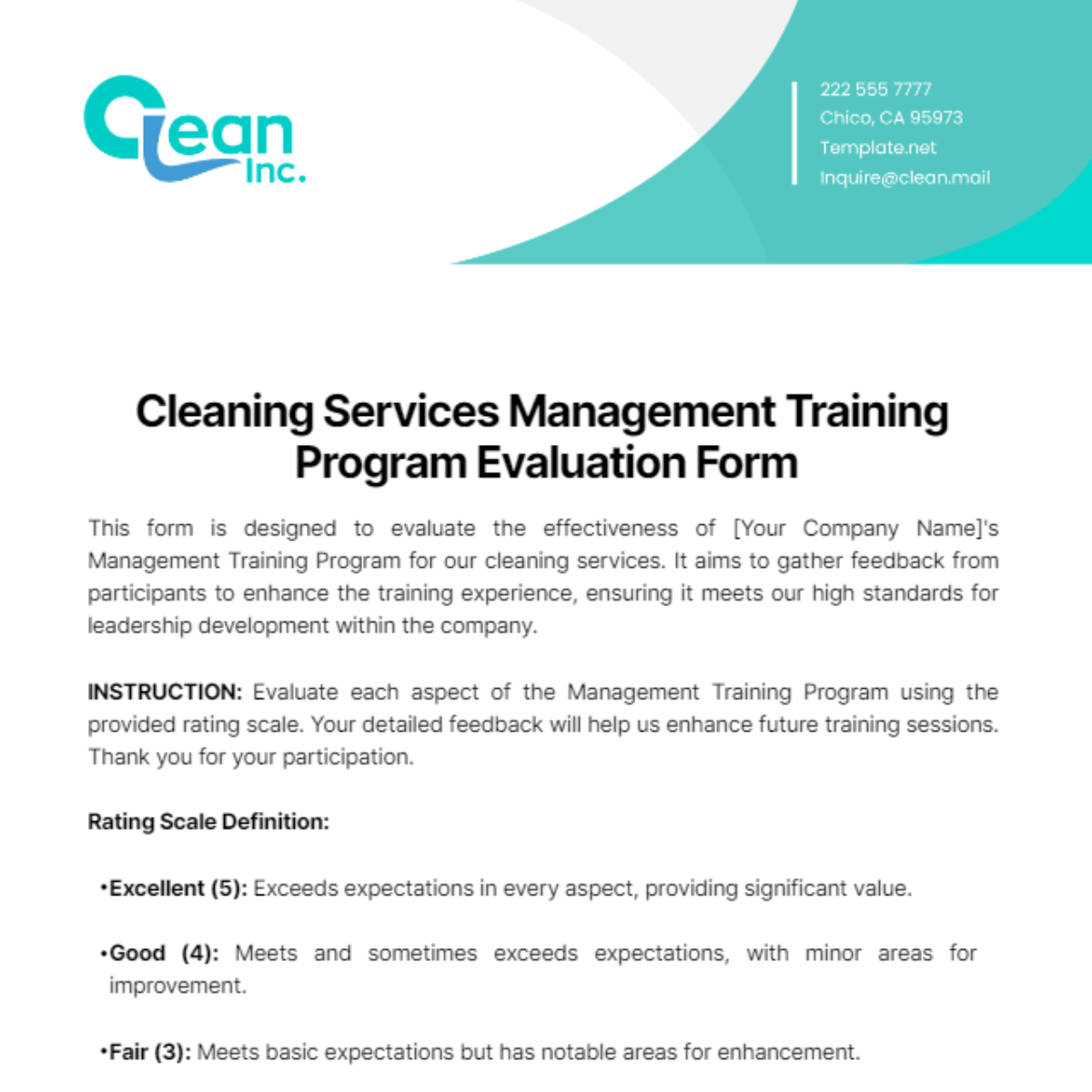Free Cleaning Services Management Training Program Evaluation Form Template