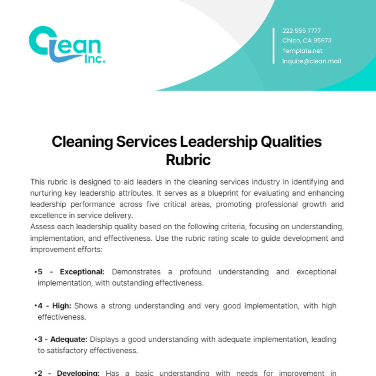 Cleaning Services Leadership Qualities Rubric Template