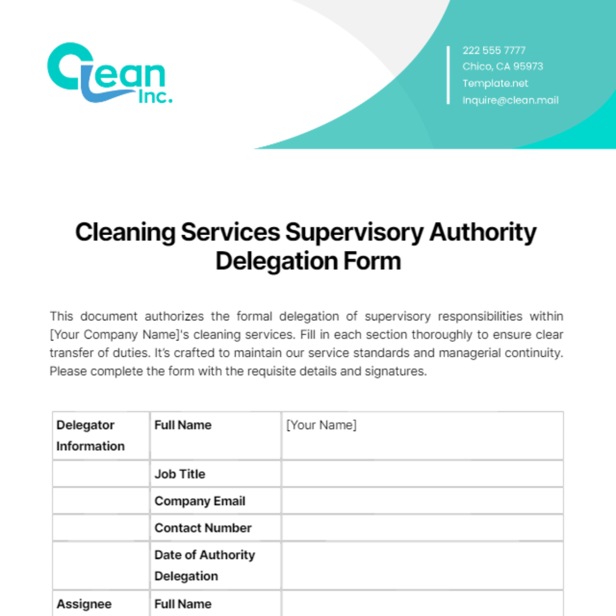 Cleaning Services Supervisory Authority Delegation Form Template