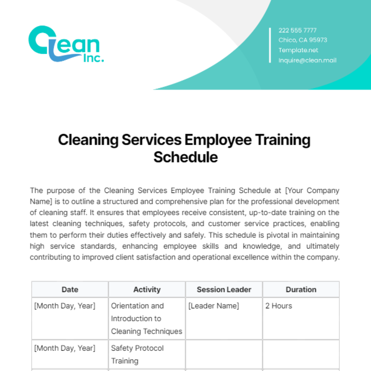Free Cleaning Services Employee Training Schedule Template