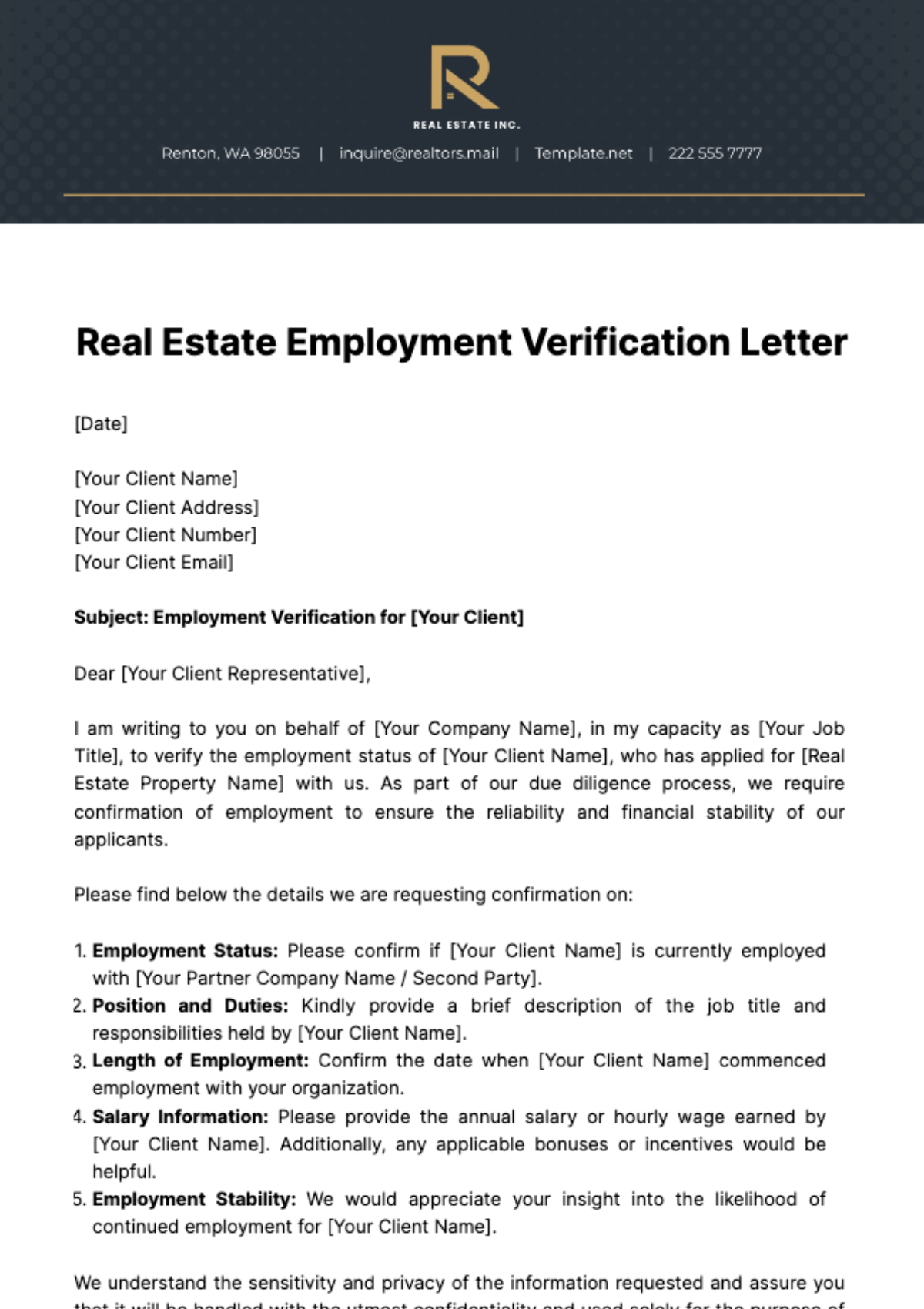 Real Estate Employment Verification Letter Template
