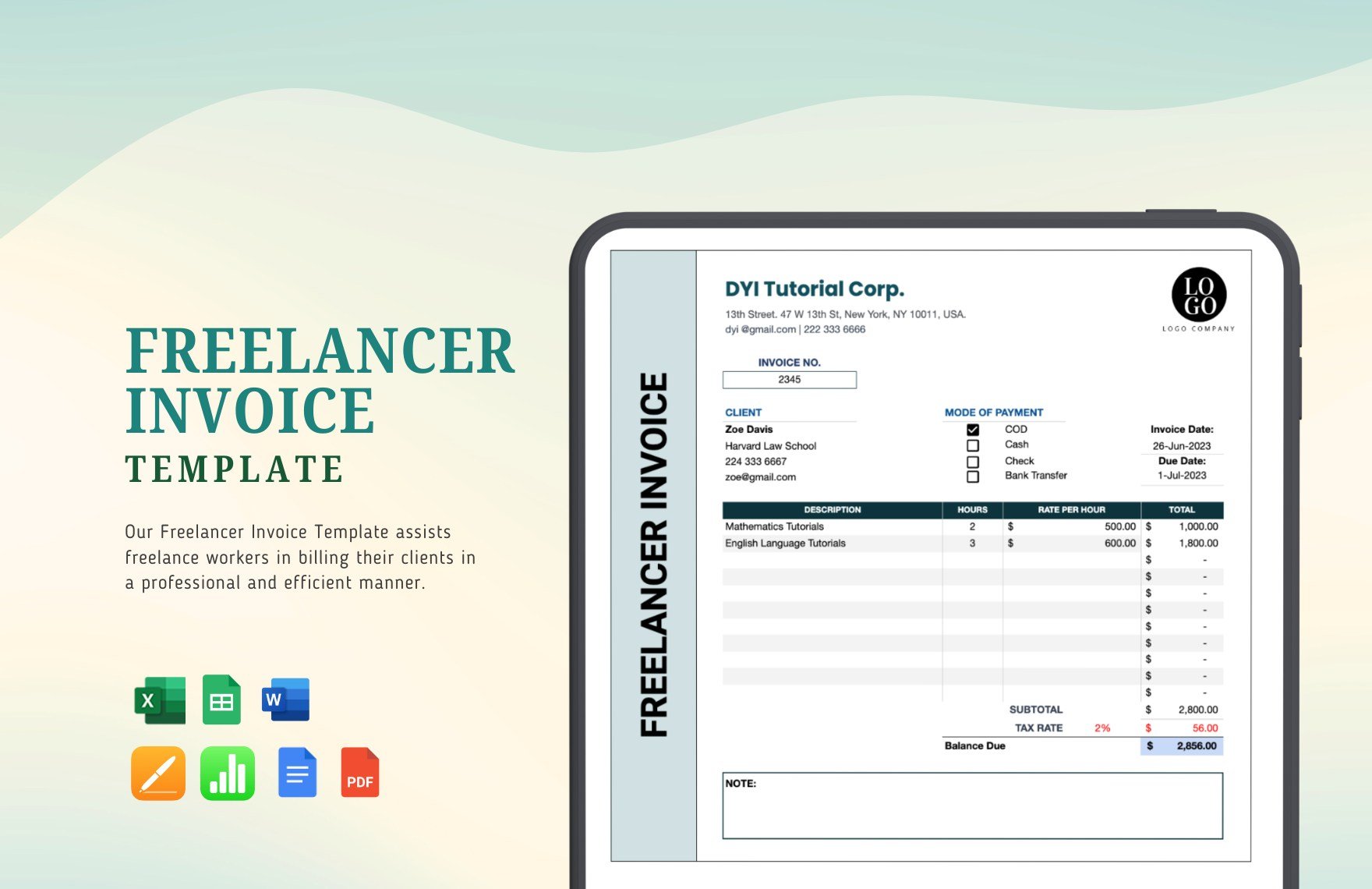 Freelancer Invoice Template in Word, Google Docs, Excel, PDF, Google Sheets, Apple Pages, Apple Numbers