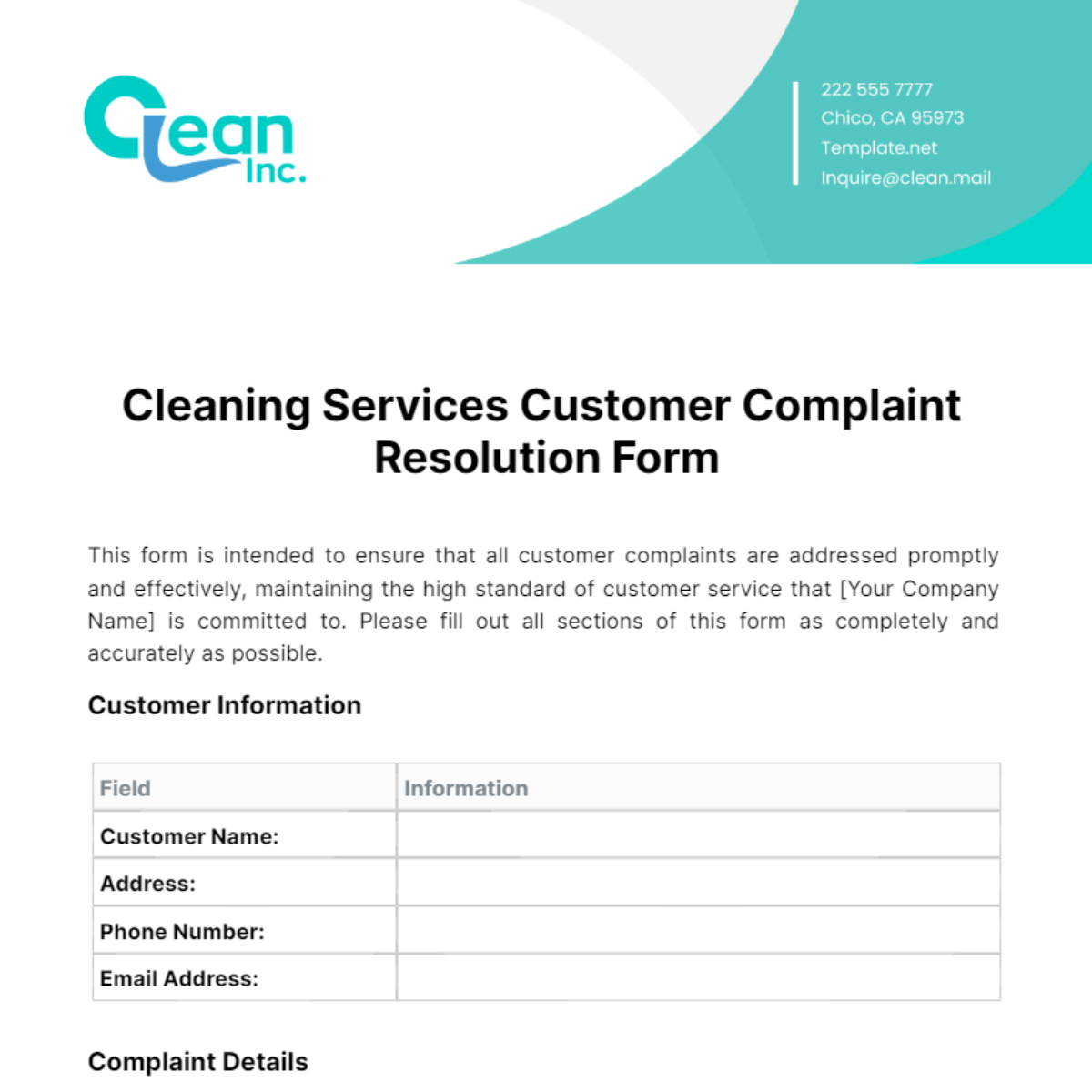 Cleaning Services Customer Complaint Resolution Form Template