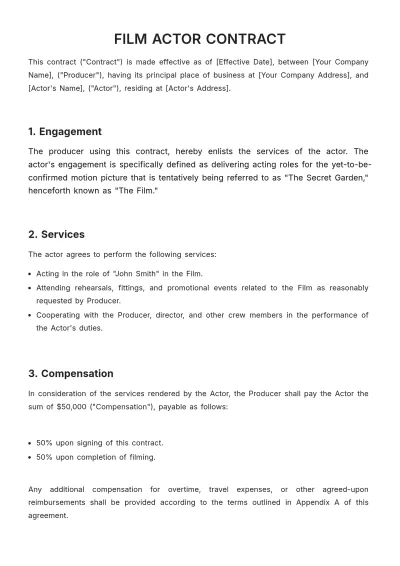 Free Film Actor Contract Template to Edit Online