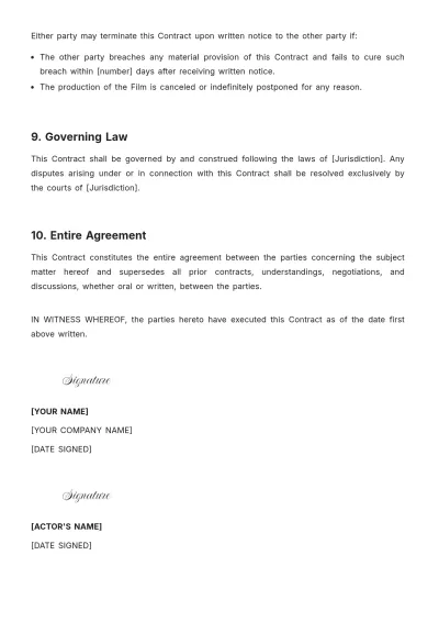 Free Film Actor Contract Template to Edit Online