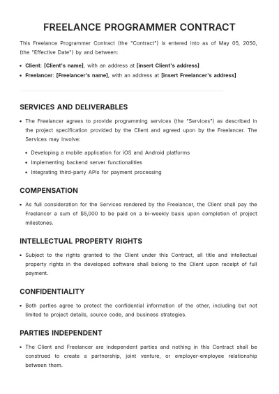 Free Freelance Programmer Contract Template to Edit Online