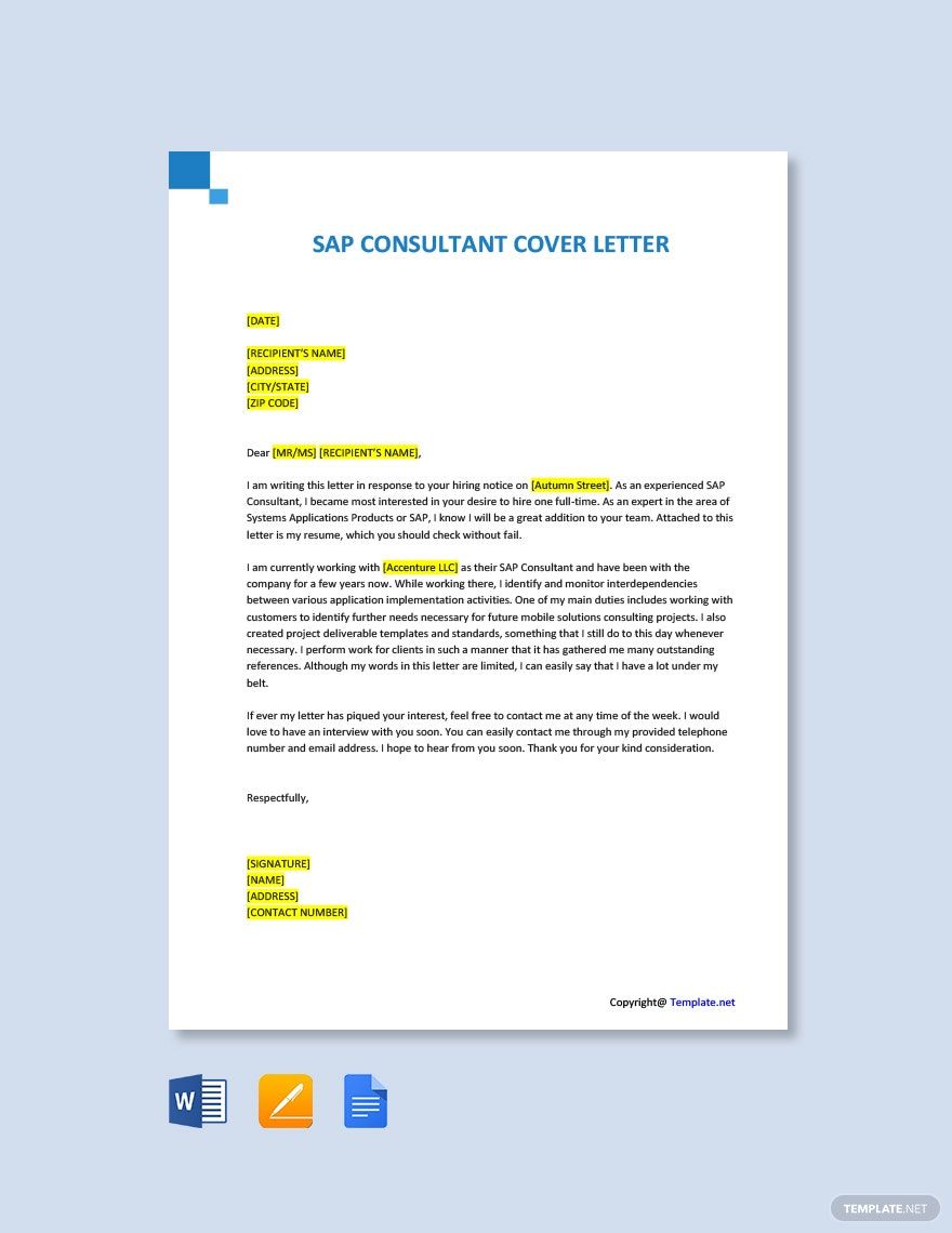 SAP Consultant Cover Letter in Google Docs, Word, Pages, PDF - Download | Template.net