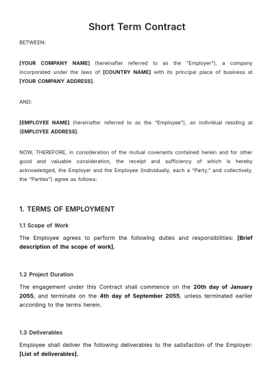 Free Short Term Contract Template to Edit Online