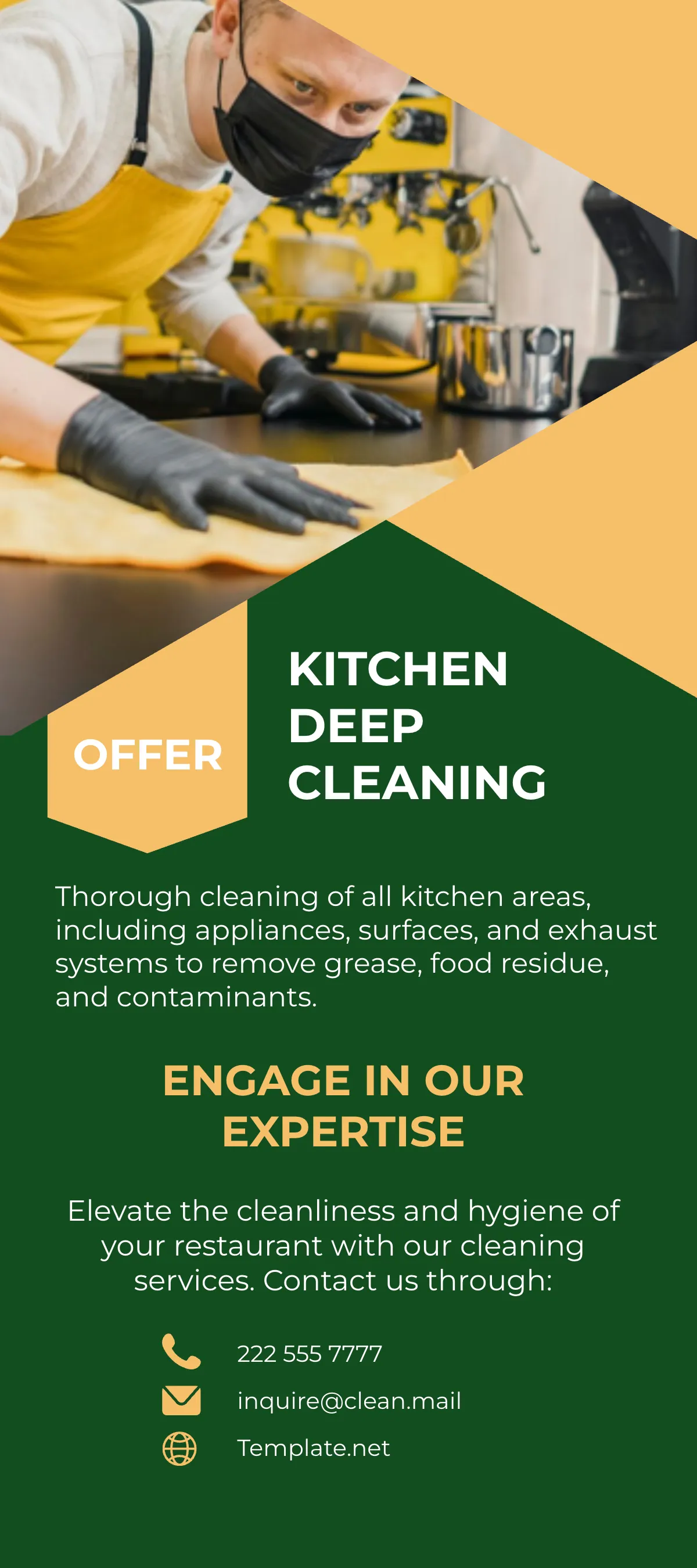Free Restaurant and Kitchen Cleaning Services Rack Card Template to Edit Online