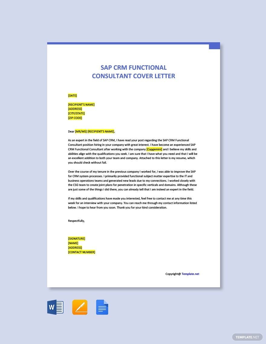 SAP CRM Functional Consultant Cover Letter