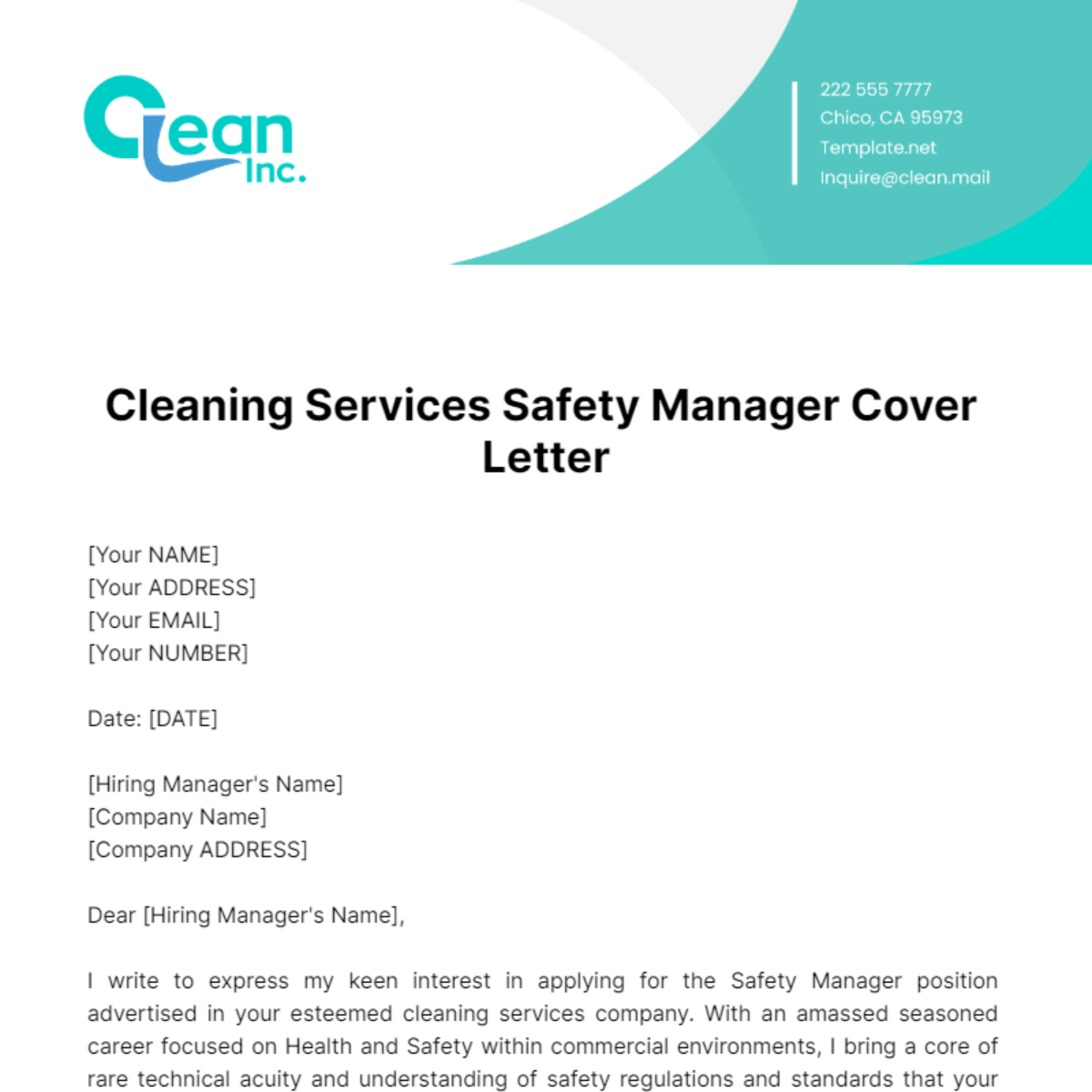 Free Cleaning Services Safety Manager Cover Letter Template