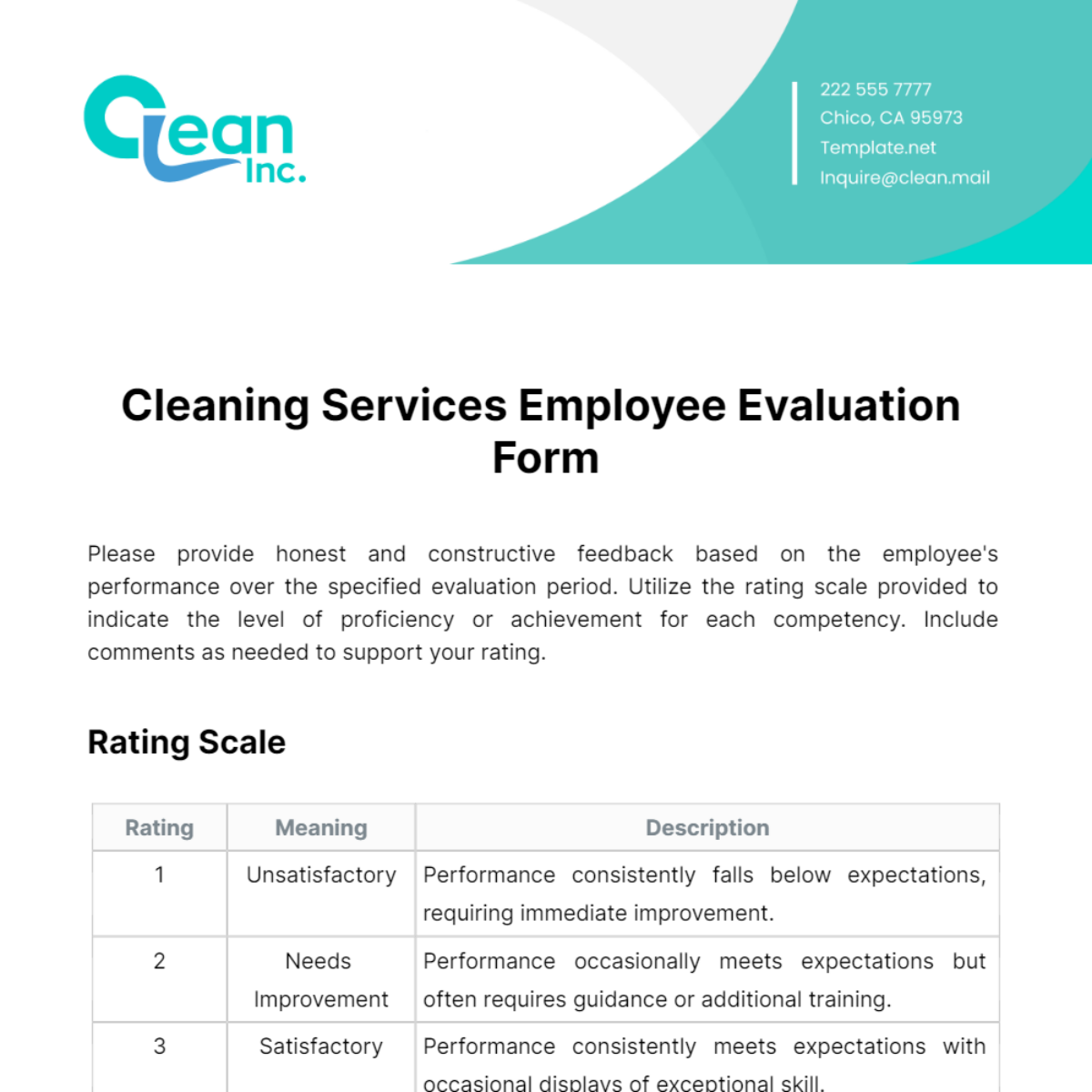 Cleaning Services Employee Evaluation Form Template