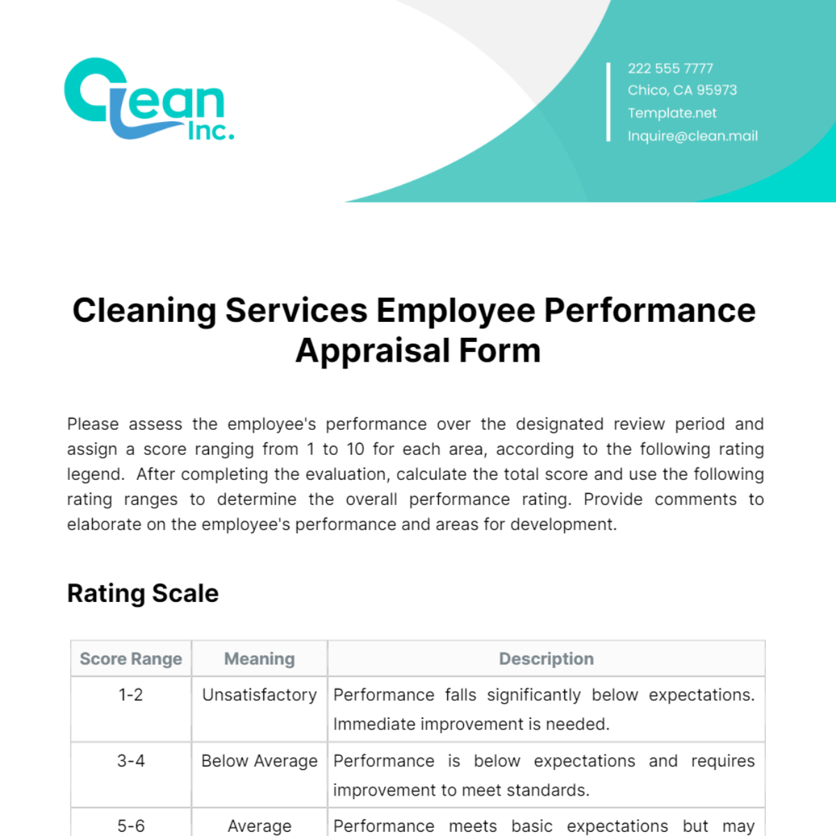 Cleaning Services Employee Performance Appraisal Form Template