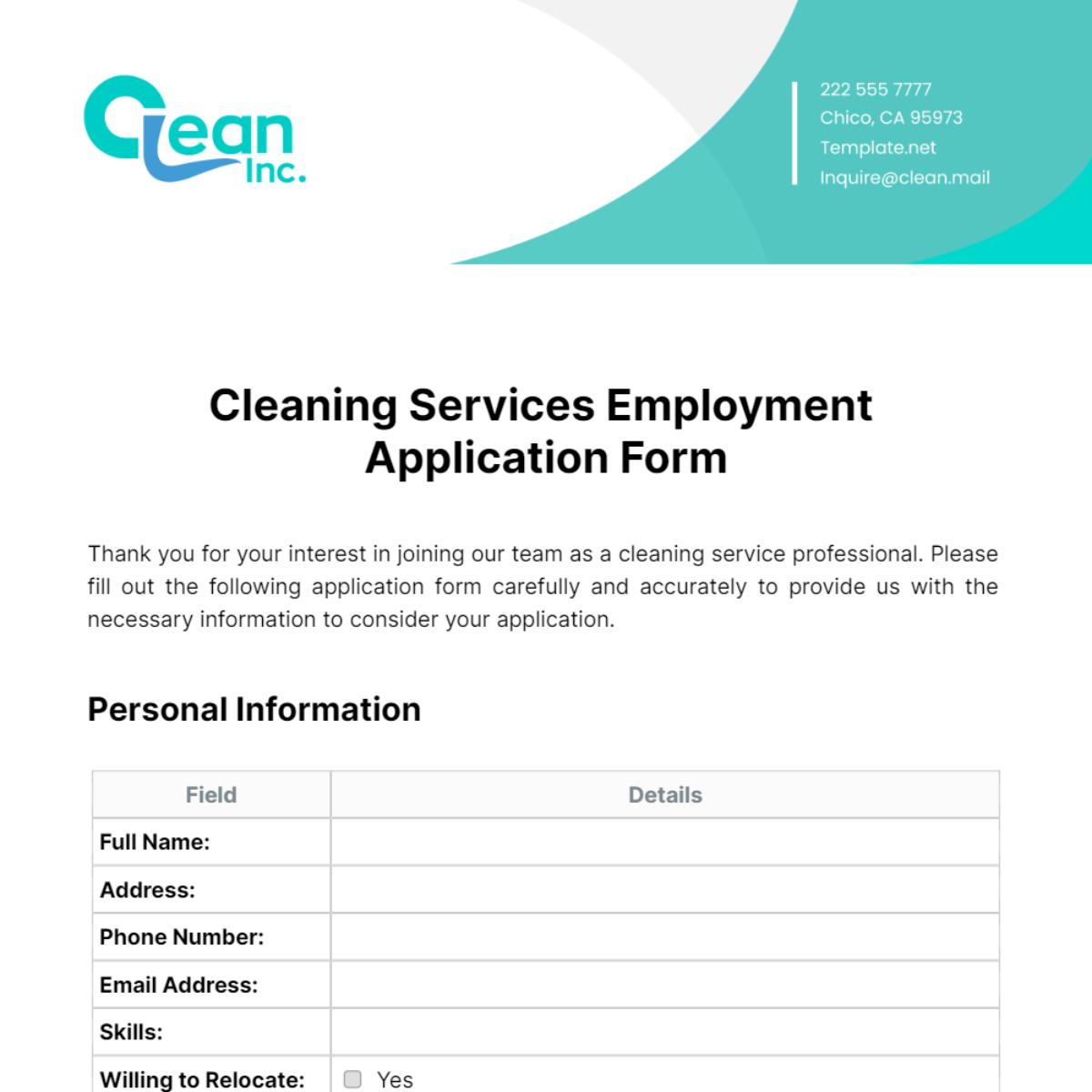 Free Cleaning Services Employment Application Form Template