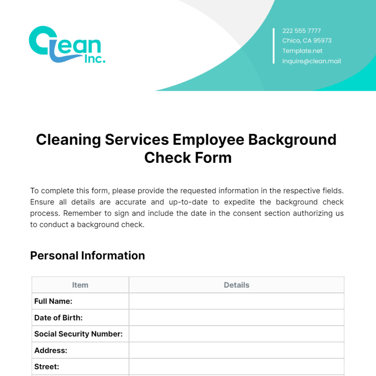 Free Cleaning Services Employee Background Check Form Template