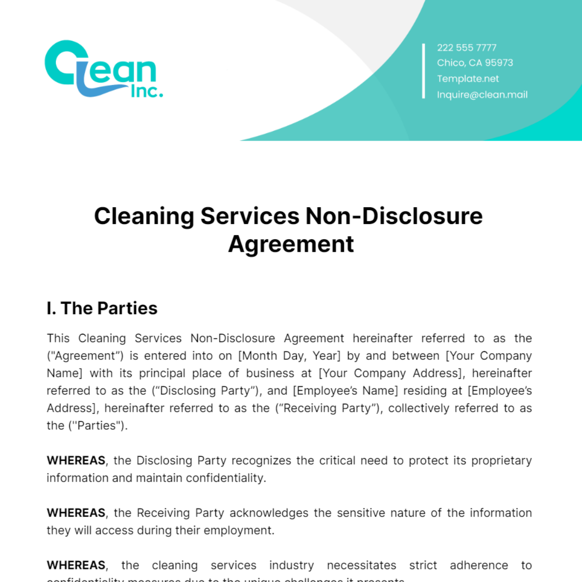 Cleaning Services Non-Disclosure Agreement Template