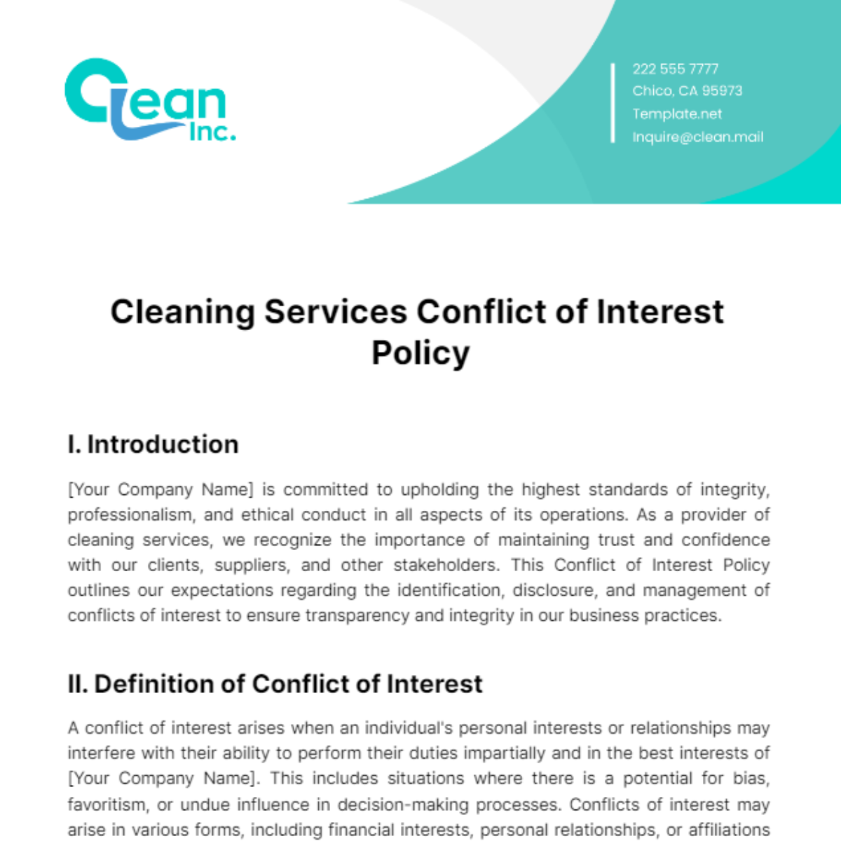 Free Cleaning Services Conflict of Interest Policy Template