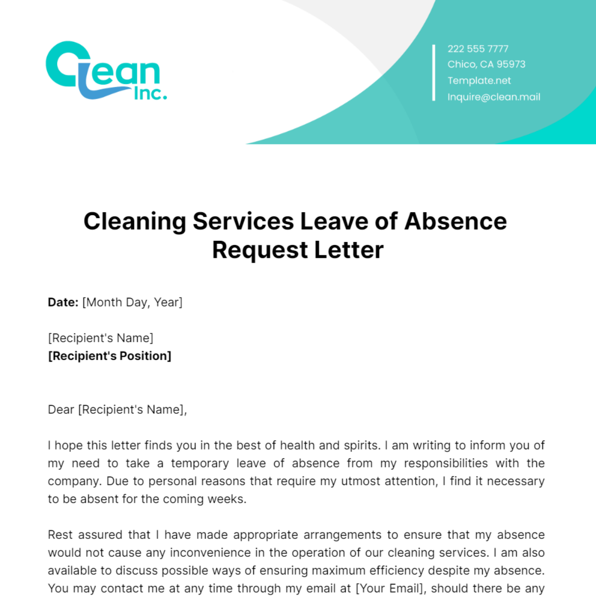 Free Cleaning Services Leave of Absence Request Letter Template