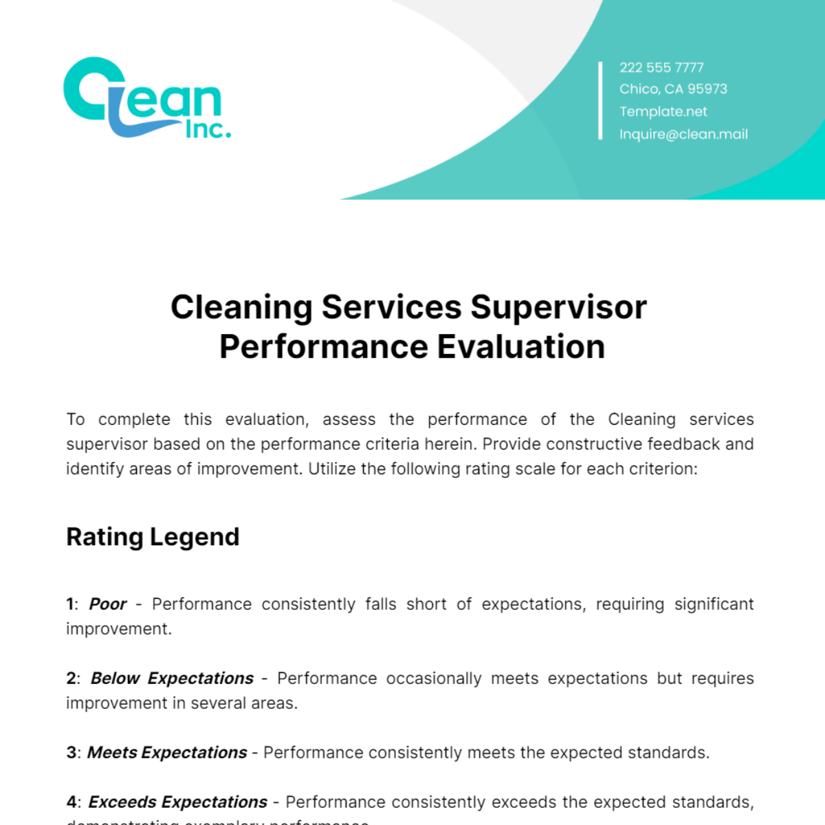 Cleaning Services Supervisor Performance Evaluation Template