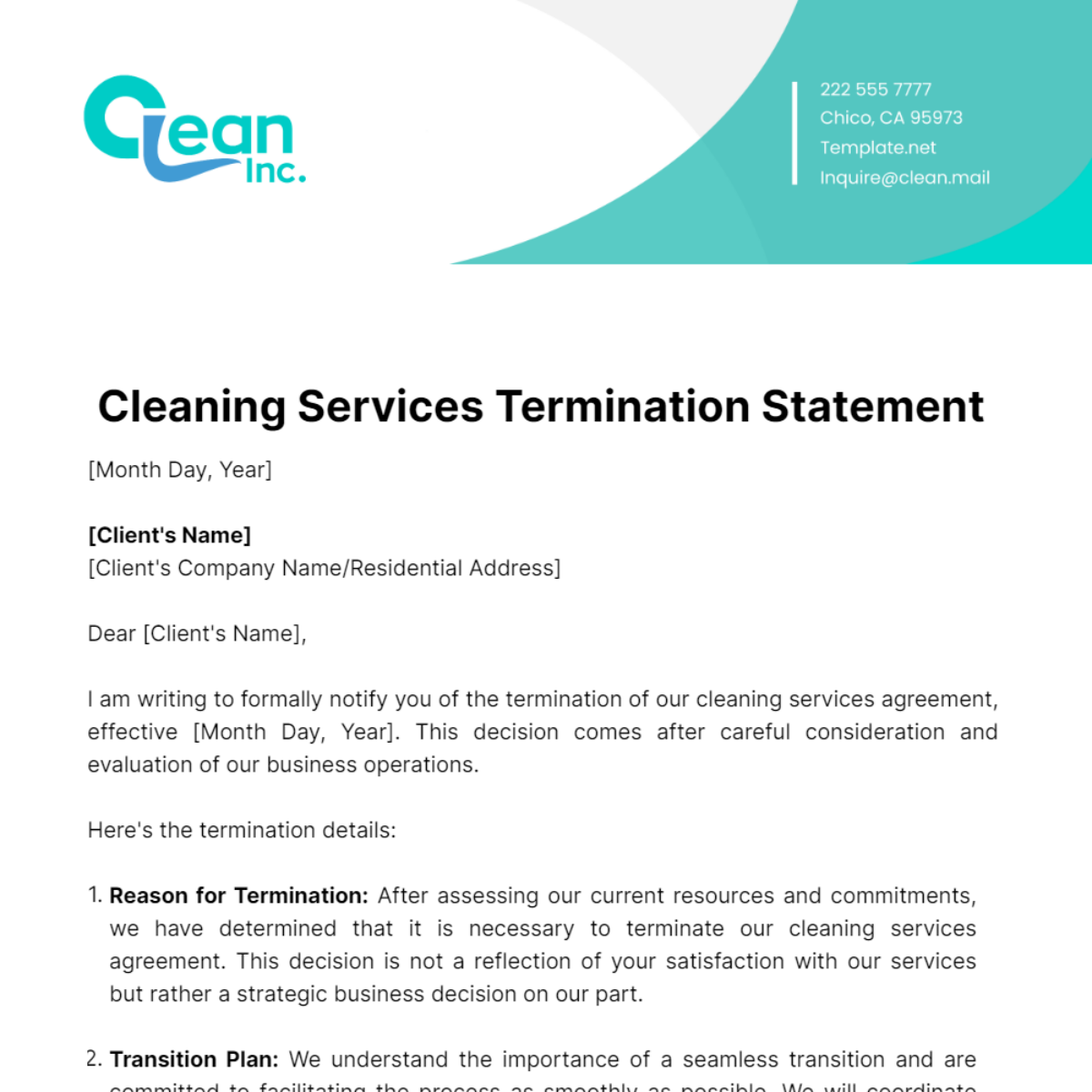 Free Cleaning Services Termination Statement Template