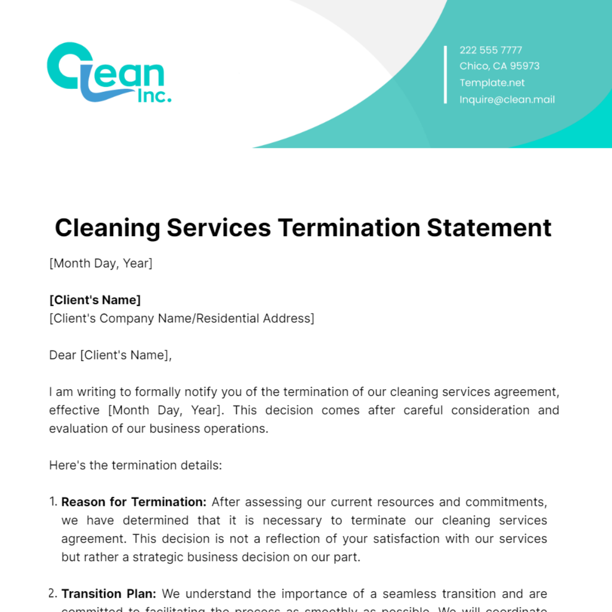 Cleaning Services Termination Statement Template - Edit Online & Download