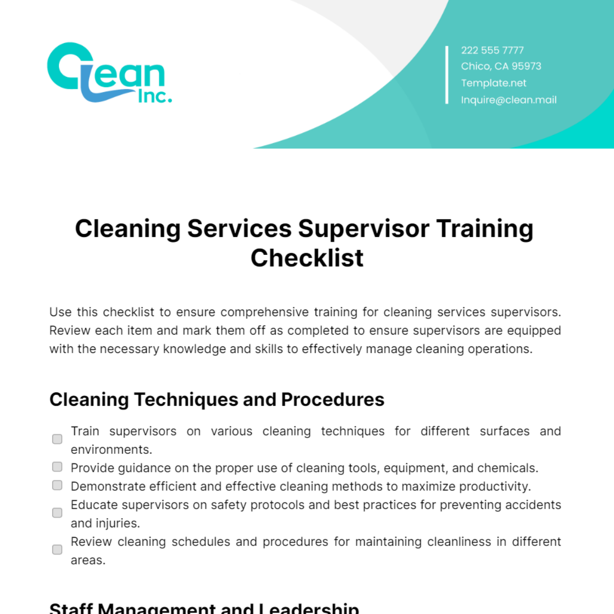 Free Cleaning Services Supervisor Training Checklist Template