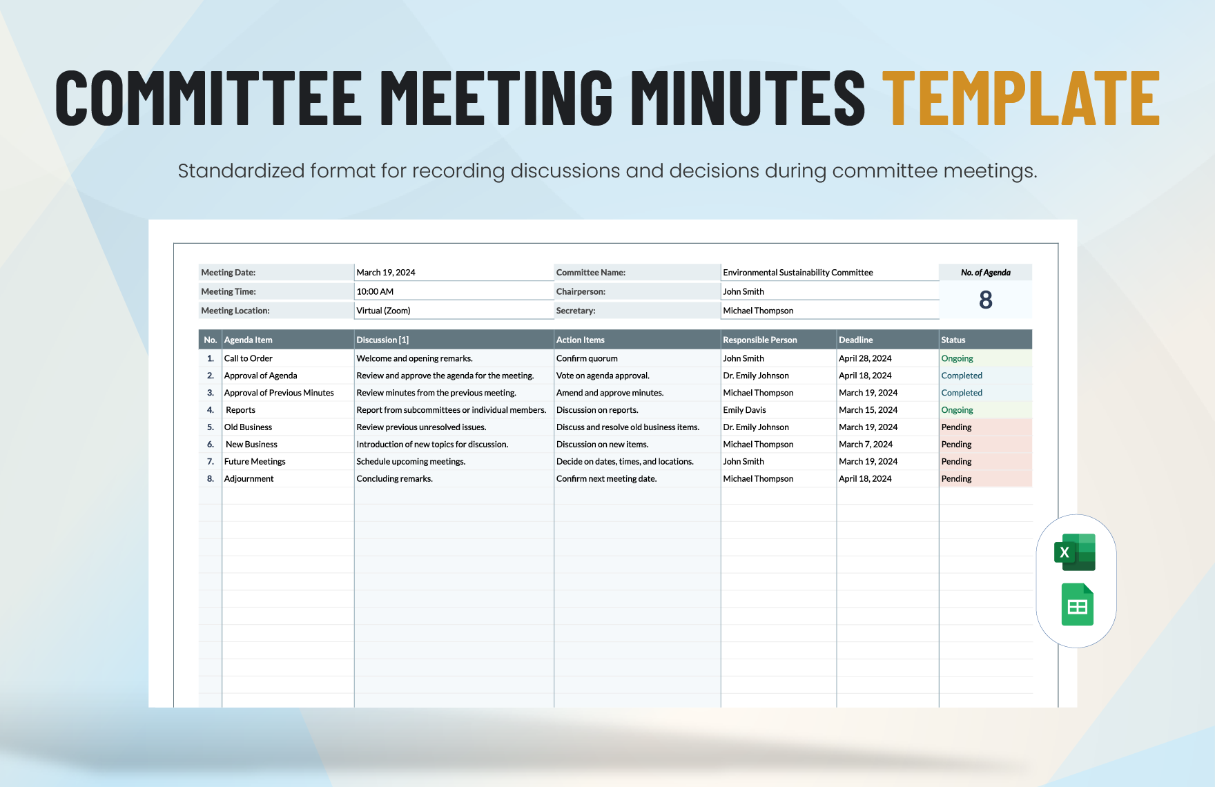 Committee Meeting Minutes Template in Excel, Google Sheets