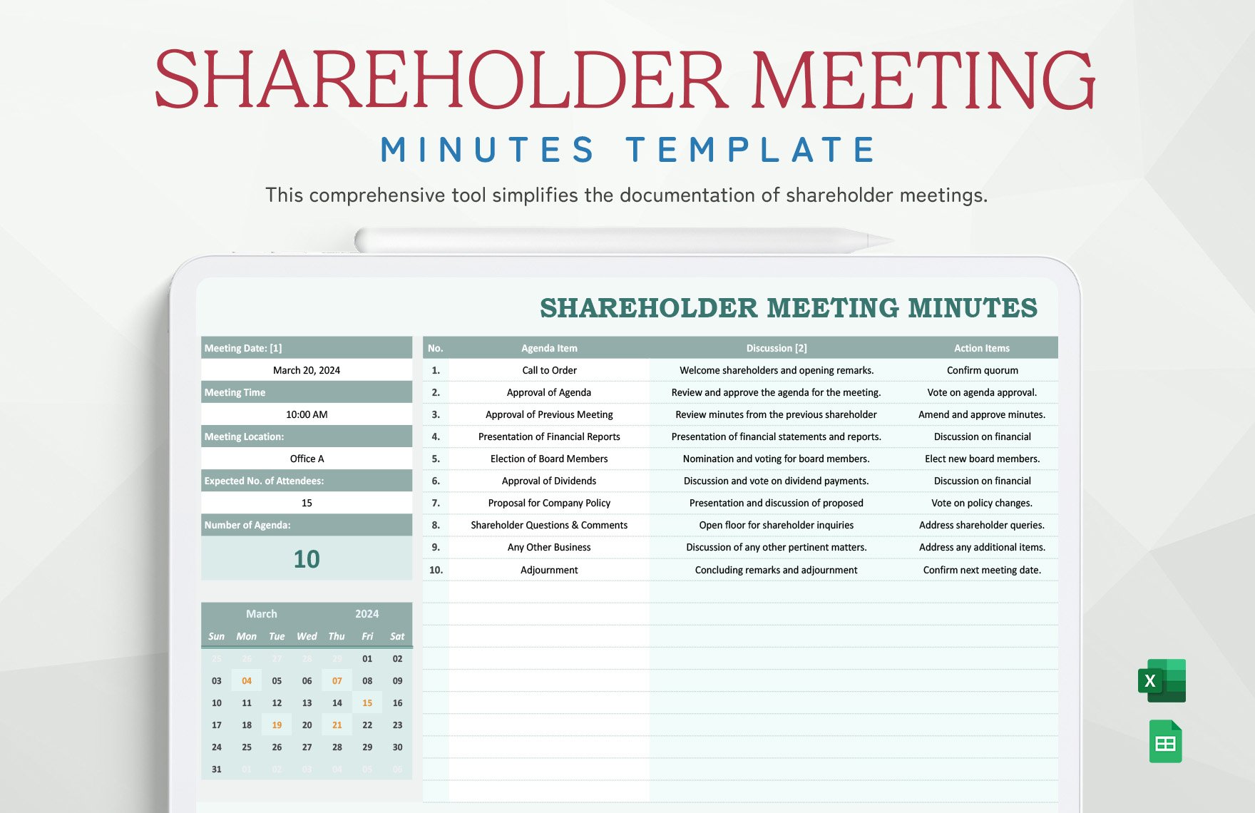 Shareholder Meeting Minutes Template in Excel, Google Sheets