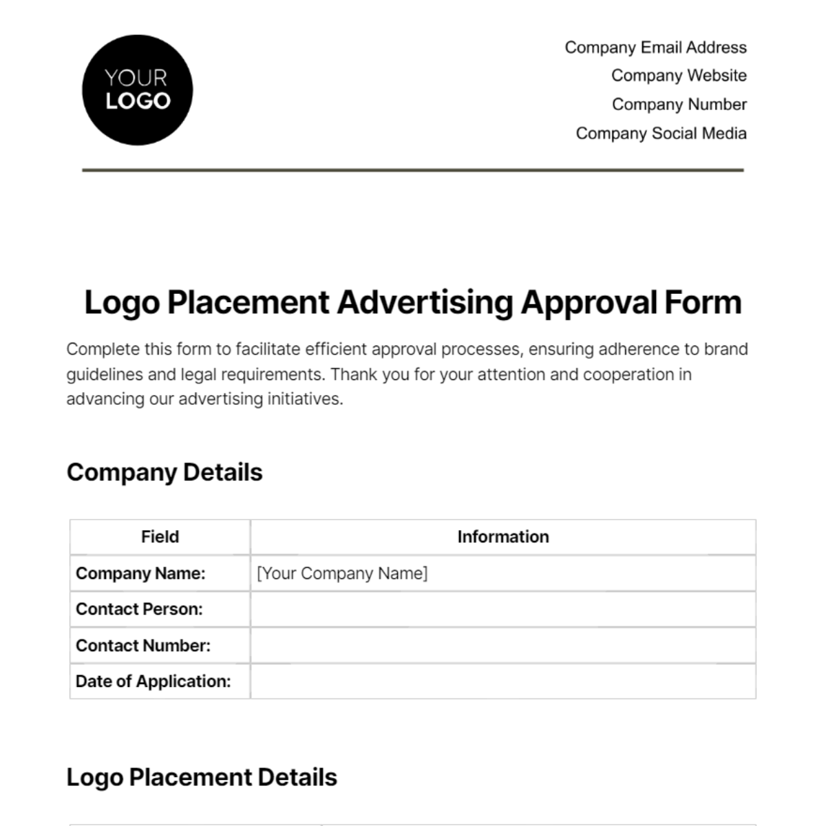 Logo Placement Advertising Approval Form Template