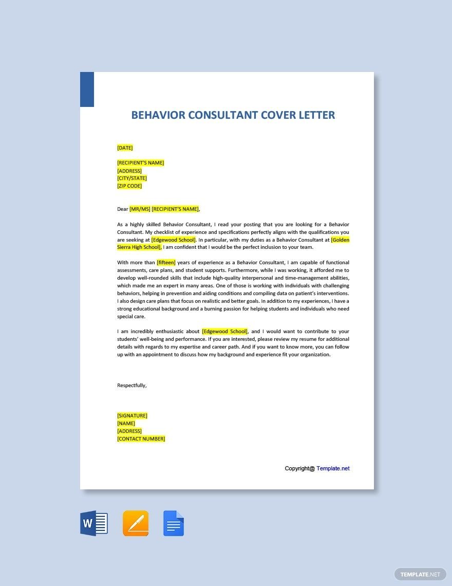 Behavior Consultant Cover Letter Template in Word, Google Docs, PDF, Apple Pages