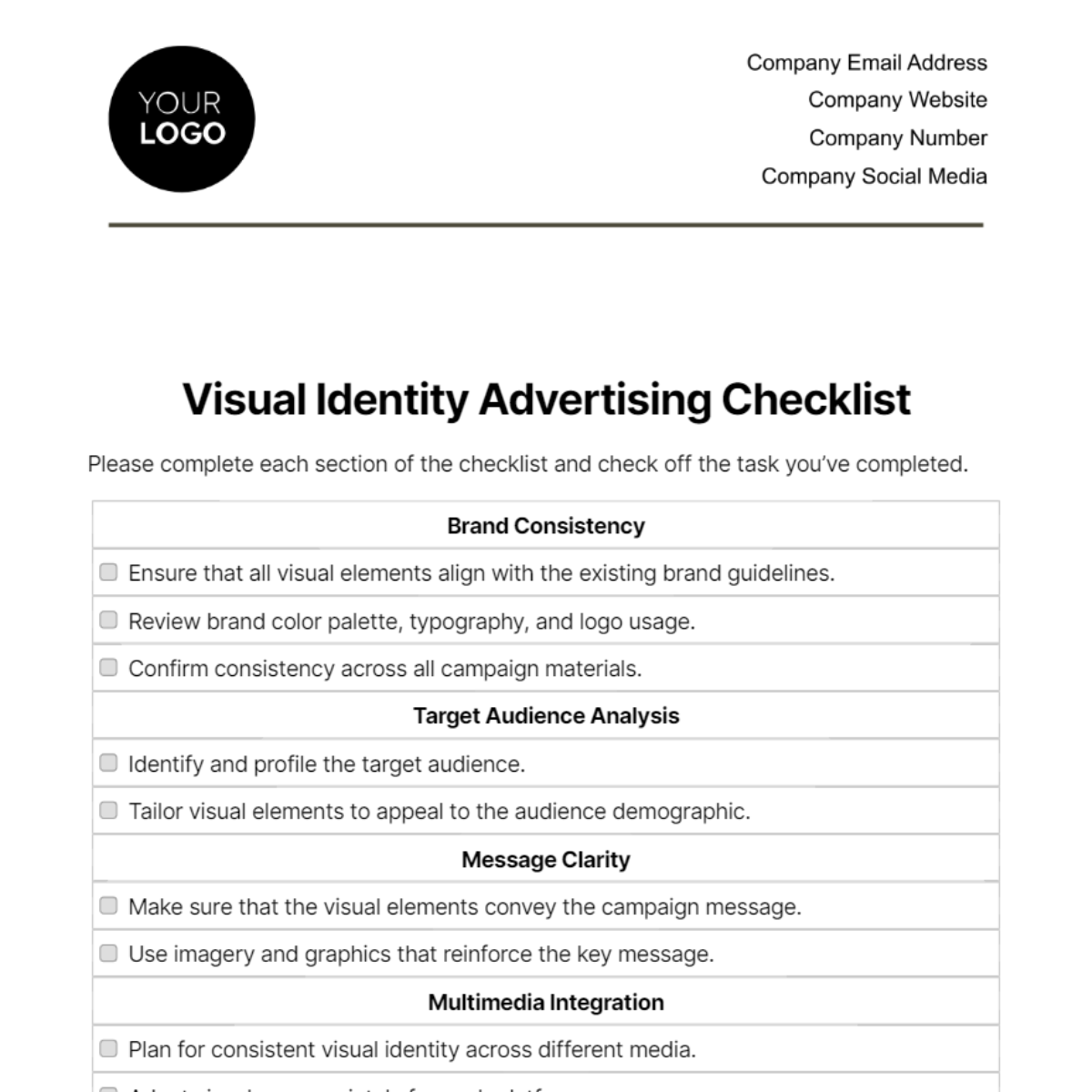 Visual Identity Advertising Checklist Template