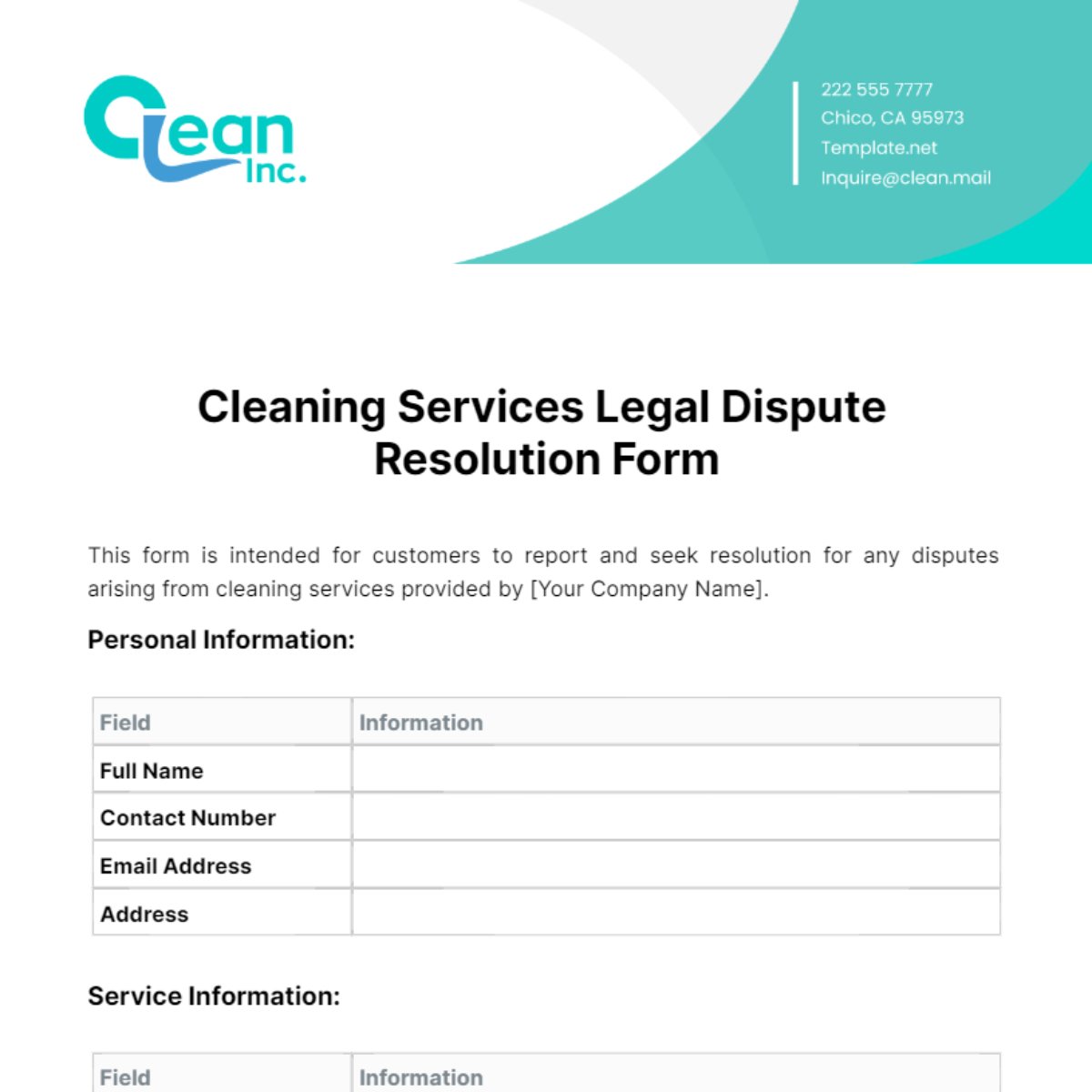 Free Cleaning Services Legal Dispute Resolution Form Template