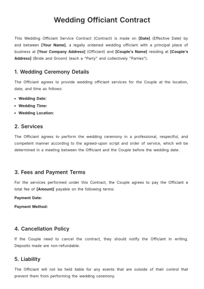 Free Wedding Officiant Contract Template to Edit Online