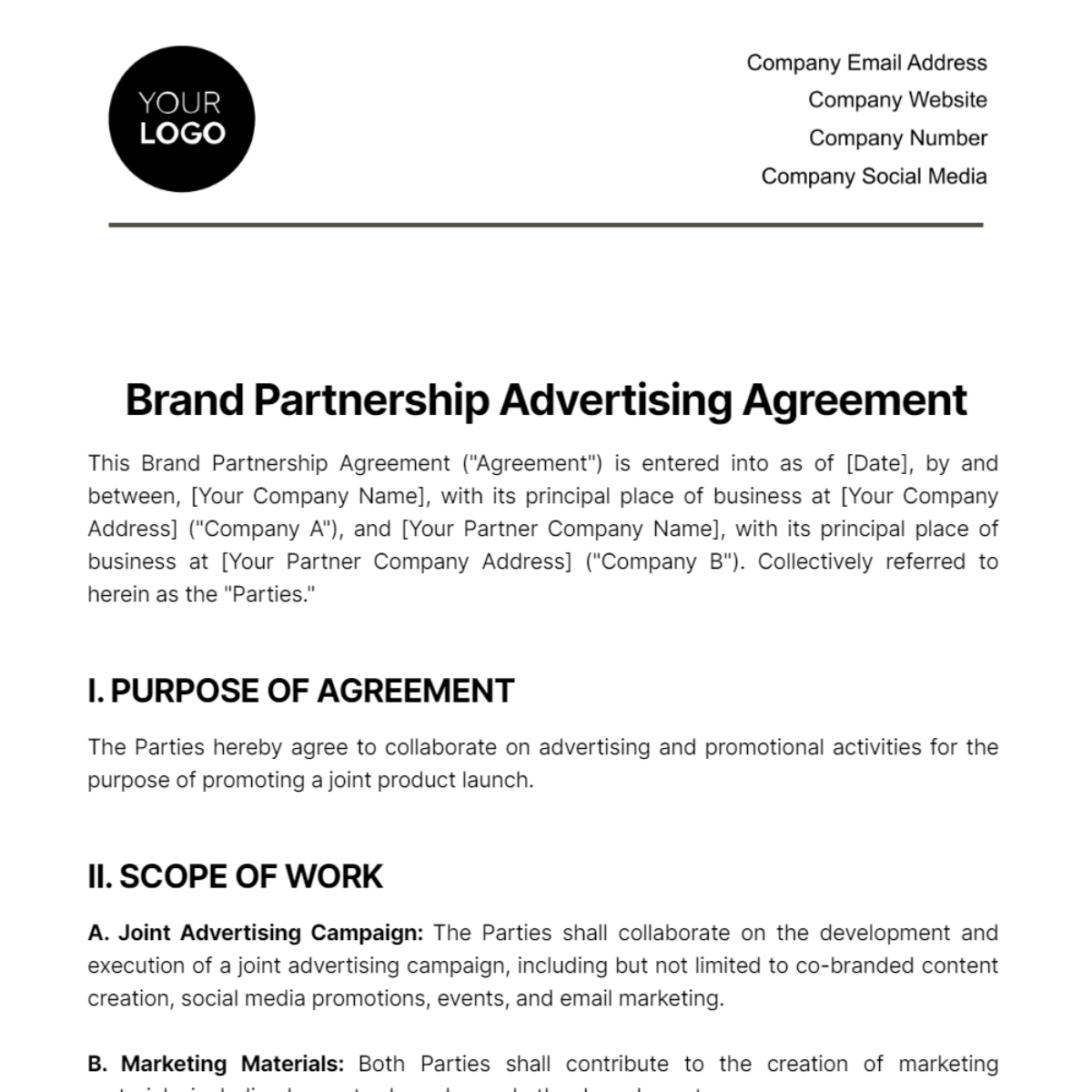 Free Brand Partnership Advertising Agreement Template