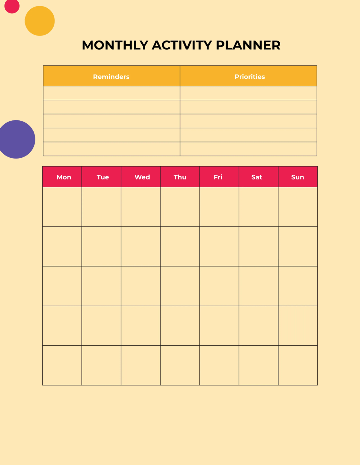 Free Activity Planner Template to Edit Online