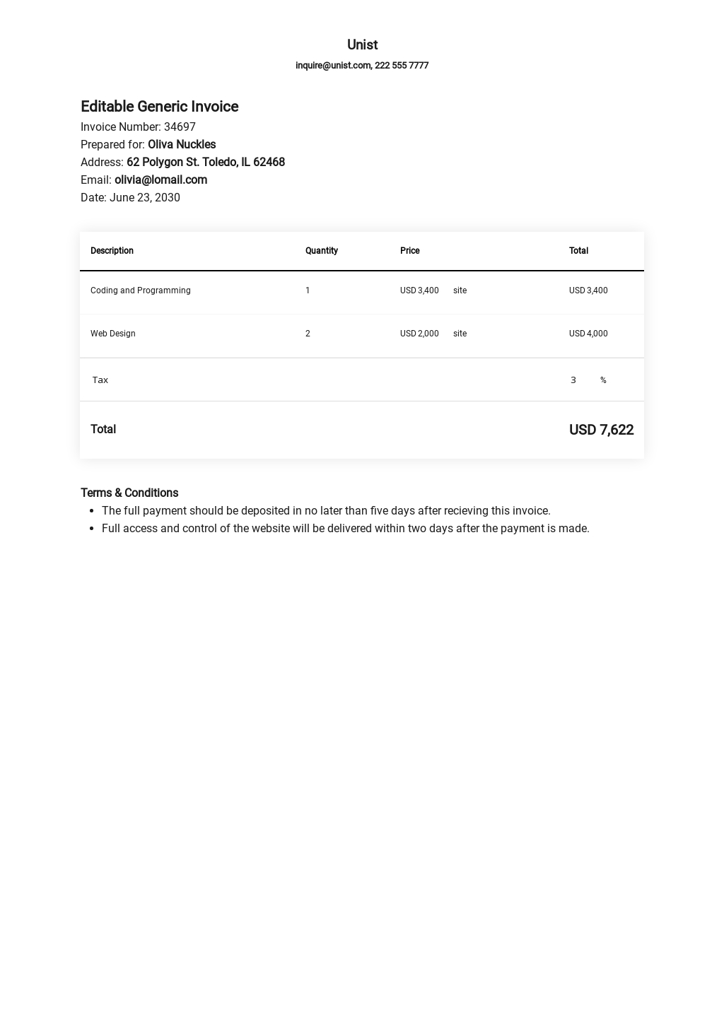 generic invoice template excel